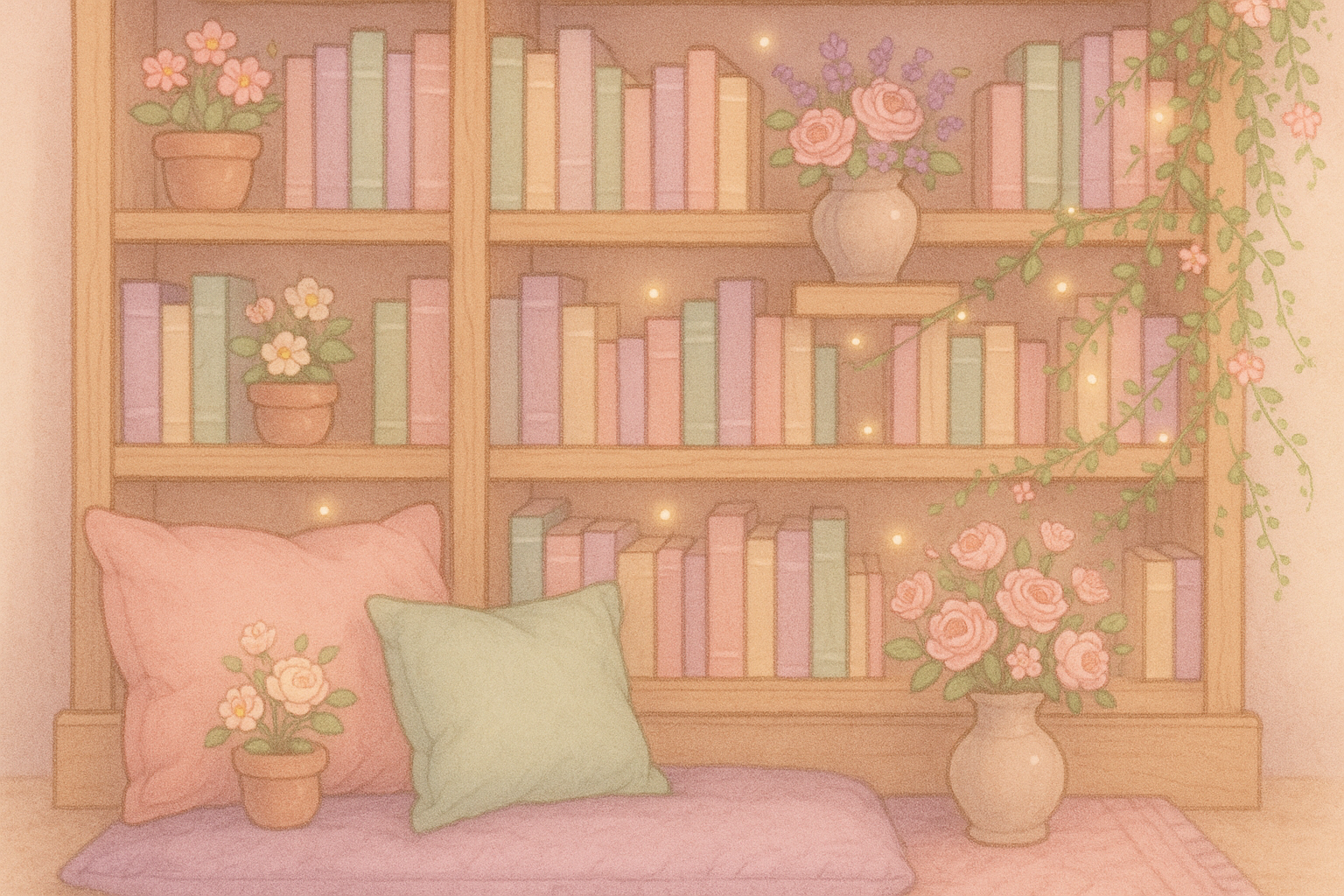 Cozy bookshelves with flowers and pastel colors